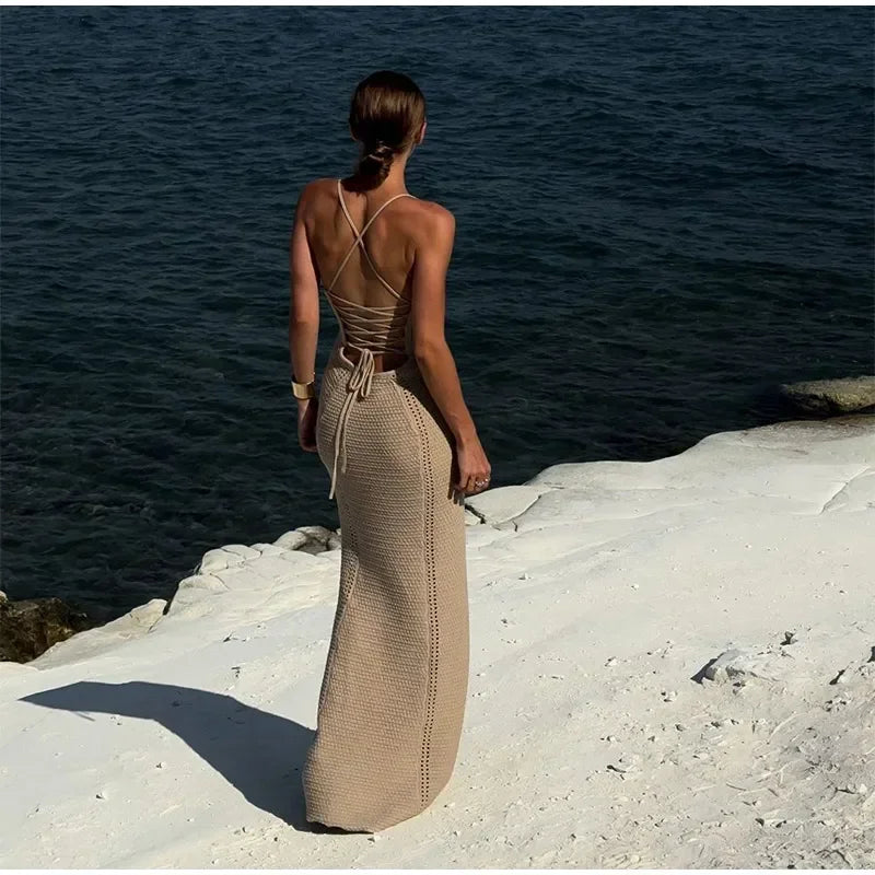 Fashion Solid V Neck Slim Fit Knit Maxi Dress Elegant Hollow Out Lace Up Backless Gown New Lady Summer Vacation Beach Vestidos