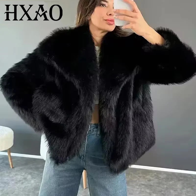 HXAO Winter Faux Fur Coat 2024 Woman New in coats Autumn Fur Plush Fluffy Jacket Warm Red Gray Black White Fur Coat Outerwears Main image