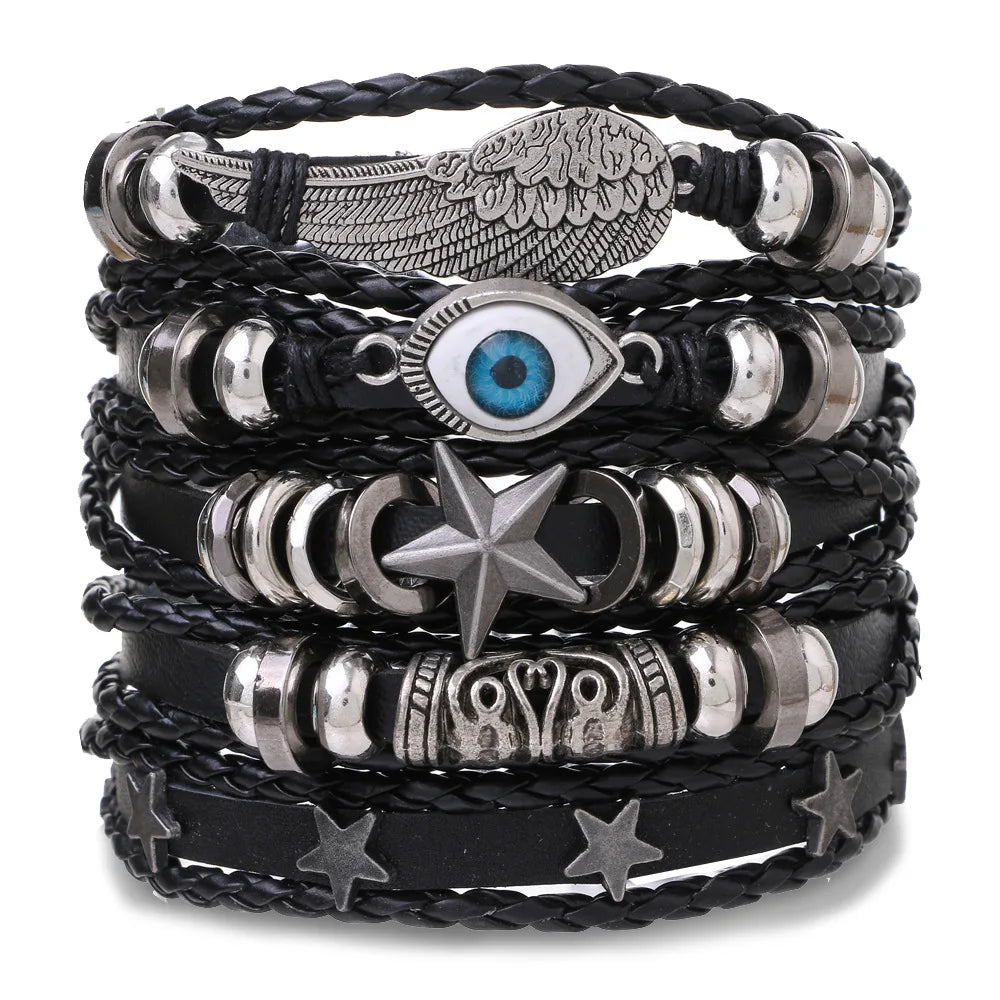 Fashion Bracelet Viking  Bracelet For Men Hand Bracelets Woven Skull Hand Jewelry Adjustable Leather Set viking man bracelet