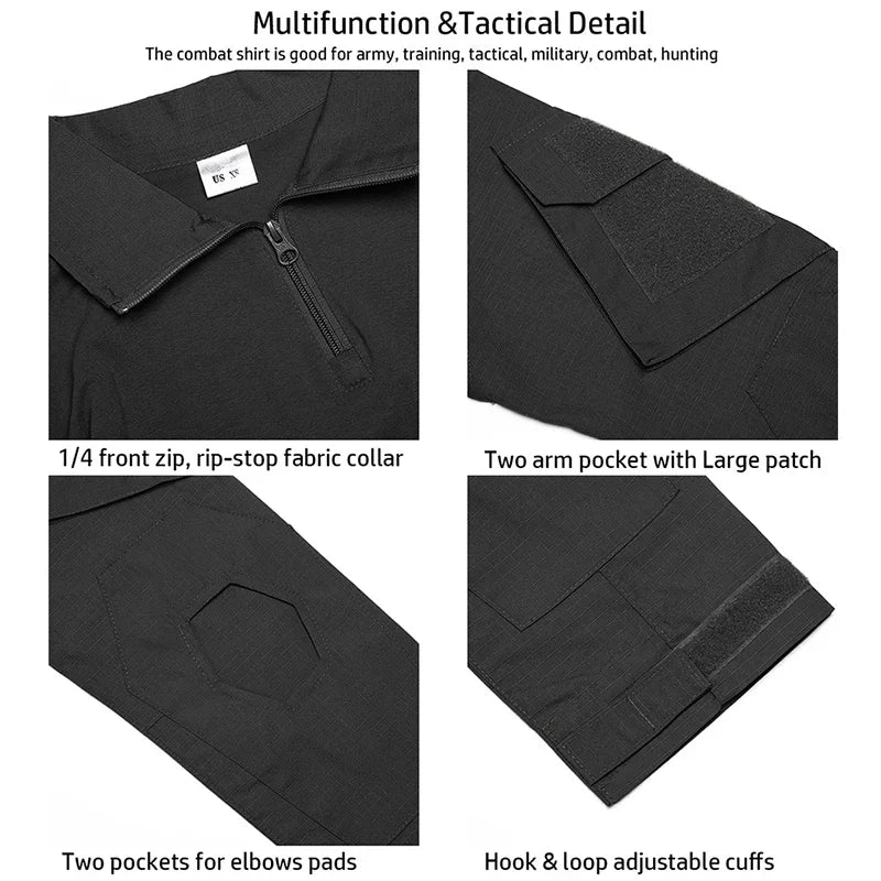 Men's Outdoor Tactical Shirts Long Sleeve Outfit Combat Shirt 1/4 Zipper Ripstop Tops Workwear pullover Camo Airsoft T-Shirts