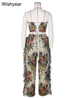 Fashion Printed 2 Two Pieces Outfits for Women Strapless Crop Top and Wide Leg Pants Tassels Matching Sets Birthday Clubwear