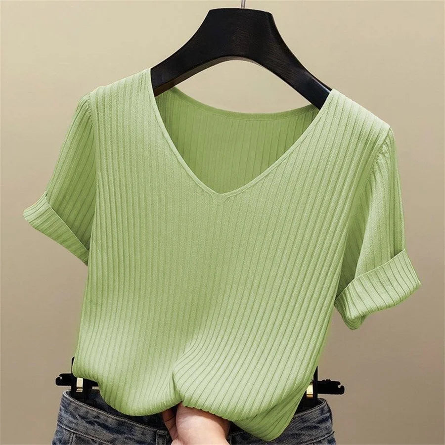 Blouse Women Blusas Mujer De Moda Verano Short Sleeve Blouse V-Neck Knitted Blouse Shirt Tops Women Blusas DF4907 Secondary image