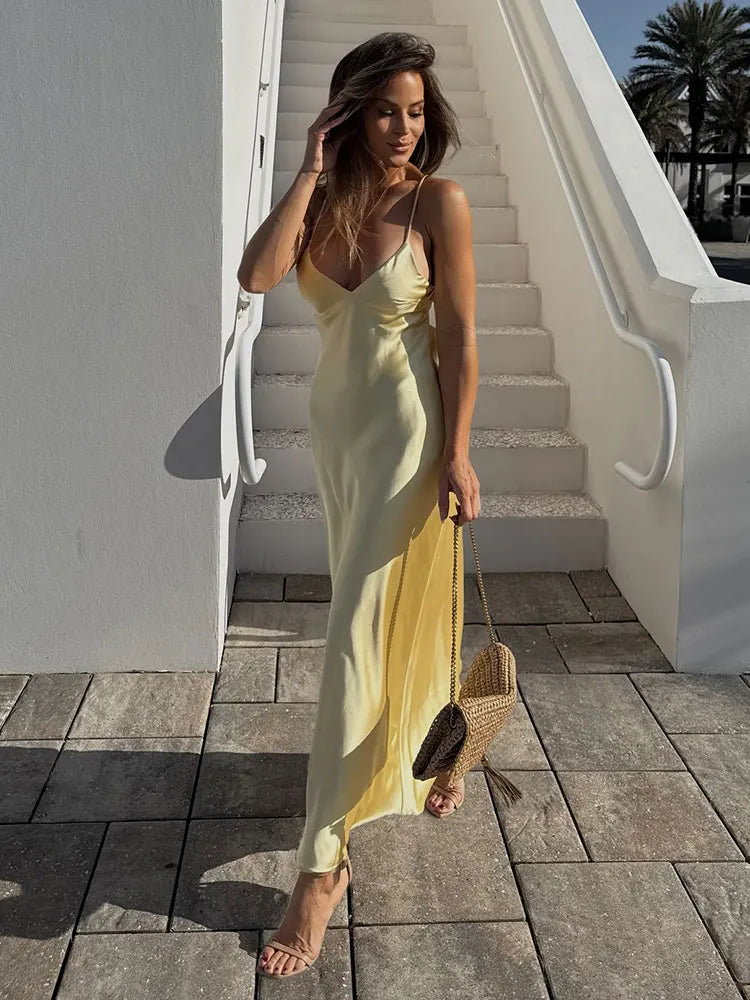HH Women Summer Yellow Stain V Neck Sling Dress Elegant Sleeveless Loose Maxi Robes 2026 New Ladies Party Holiday Dresses