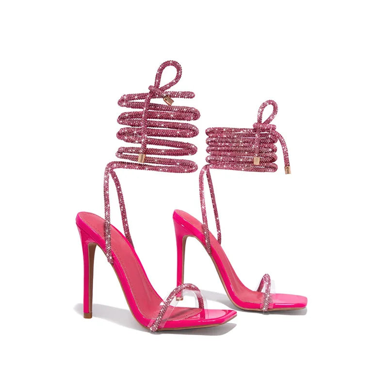 Liyke Sexy Gold Crystal Ankle Cross Strap Sandals Women Summer Party Wedding Banquet Shoes Fashion Open Toe Club Stripper Heels