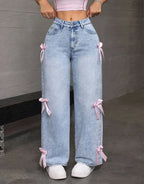 Women Jeans Wide Leg Pants Bow Washed High Waist 2025 Streetwear Denims Distressed Vintage Straight Ankle Length Trousers