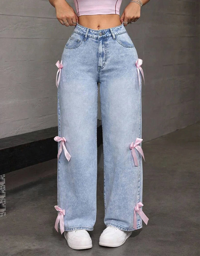 Women Jeans Wide Leg Pants Bow Washed High Waist 2025 Streetwear Denims Distressed Vintage Straight Ankle Length Trousers Main image