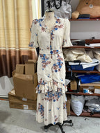 Flutter Sleeves Slim Long Dress Women Casual Pleated Deep V-neck Floral Print High Waist Dresses 2026 Lady Summer Holiday Wear