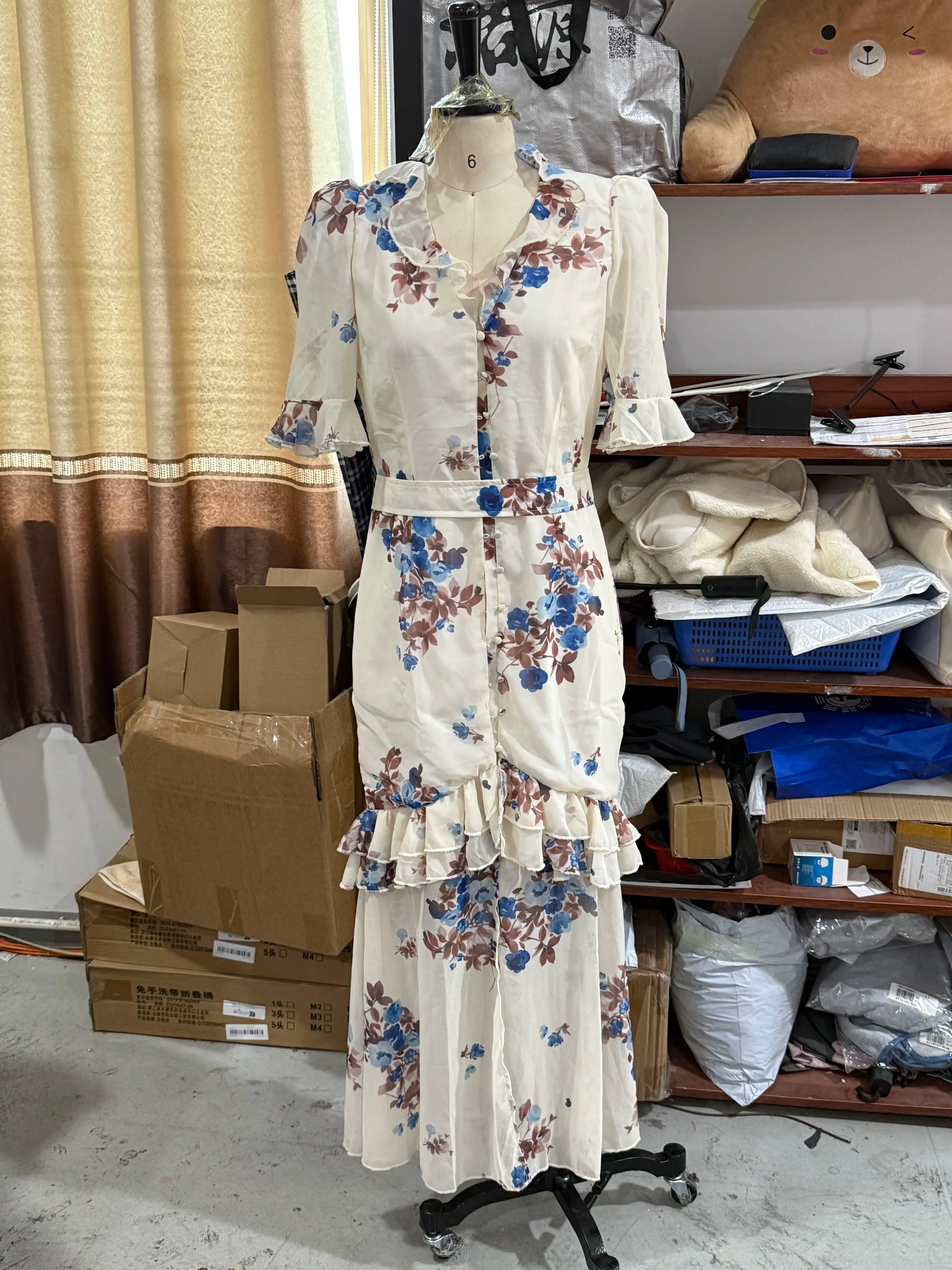 Flutter Sleeves Slim Long Dress Women Casual Pleated Deep V-neck Floral Print High Waist Dresses 2026 Lady Summer Holiday Wear
