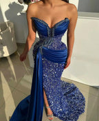 Elegant Evening Dresses Mermaid Strapless Sequined Crystals Sleeveless Prom Gowns Party Dresses Custom Made Robe De Soirée