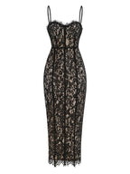 Sexy Spaghetti Strap V Neck Lace Long Dress Women Black Floral Lace Sleeveless Bodycon Dresses Elegant Evening Celebrity Party