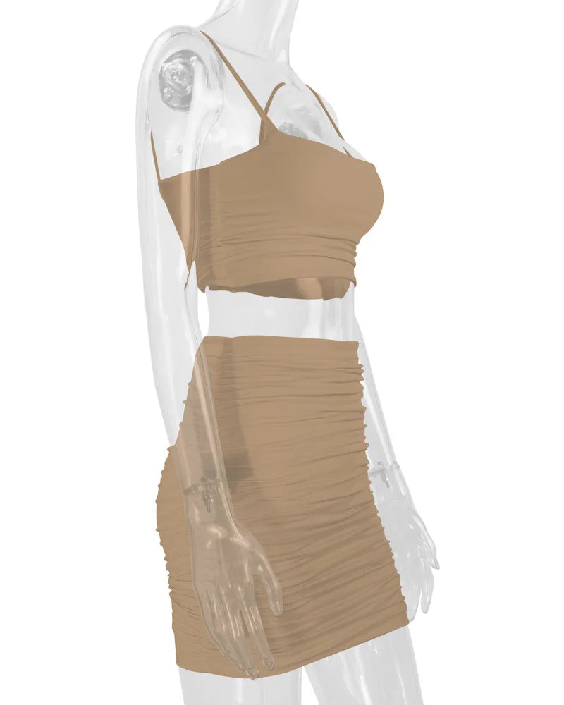 Women's New Sexy Sleeveless Strap Small Tank Top Short Top Fashion Wrinkle Bag Hip Skirt Two Piece Set
