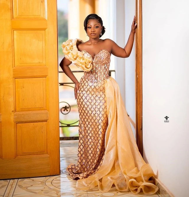 Gold African Aso Ebi Evening Dresses Mermaid Sweetheart Lace Crystals Formal Party Gown Prom Dresses For Black Girls Customized