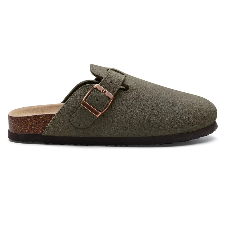 Kidmi Men's Suede Clogs Cork Footbed Clogs for Women Soft Leather Adjustable Buckle Slip-on Potato Shoes Sandals Beach Slippers
