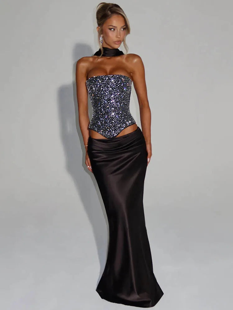 Mozision Sequins Sexy Dress Set Women Sparkle Scarf Collar Crop Tops And Maxi Skirt Elegant Club Party Satin Skirt Matching Set