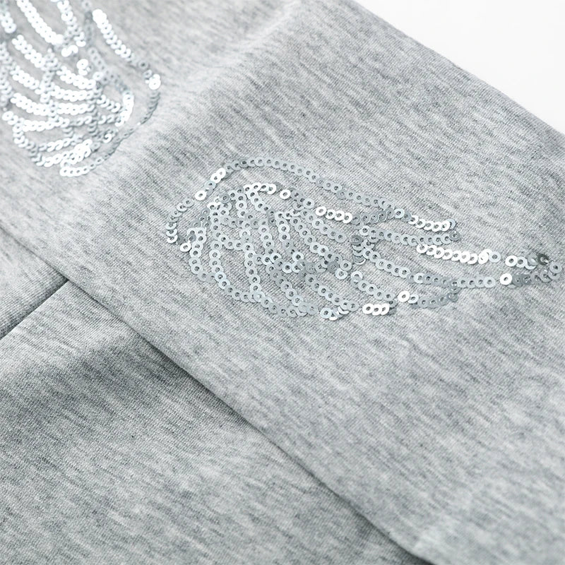 Casual Sequined Angel Wings Oversized Hoodie Women Loose Grey Long Sleeve Street Warm Pullover 2025 Winter Lady Daily Wear New