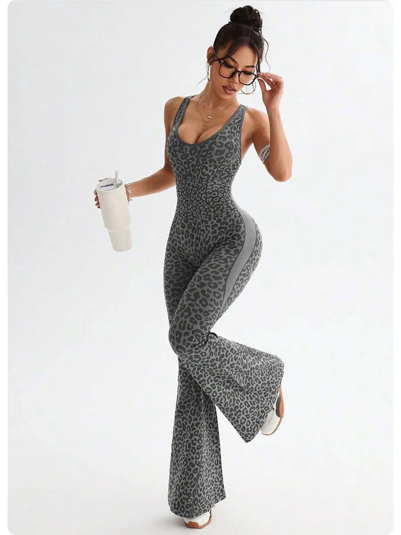 New Leopard Print Bodysuit Women Seamless Flared Pants Jumpsuits Sexy One-piece Fitness Suit Cross Back Stretchy Yoga Jumpsuits