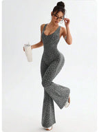 New Leopard Print Bodysuit Women Seamless Flared Pants Jumpsuits Sexy One-piece Fitness Suit Cross Back Stretchy Yoga Jumpsuits