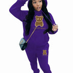 2 Piece Set Women Outfit Letter Bear Print Hooded Neck Hoodies Sweatshirt Pants Tracksuit 2024 Plus Size Streetwear Casual Suit