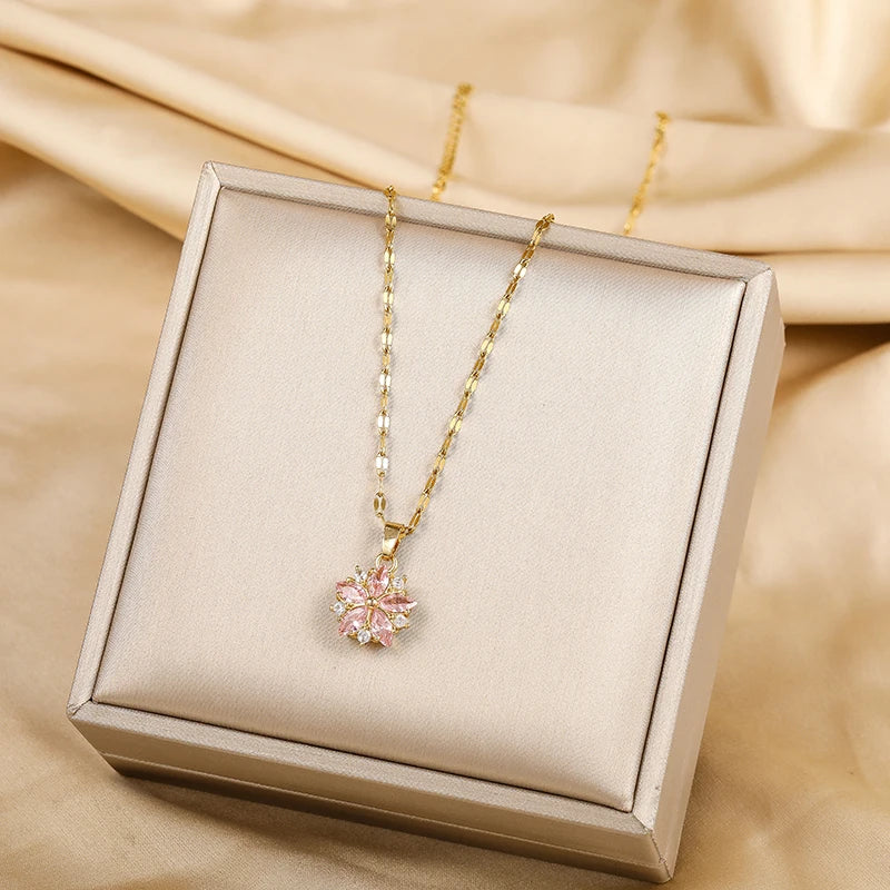 New Cute Romantic Pink Sakura Pendant Stainless Steel Necklaces For Women Korean Fashion Female Sexy Clavicle Chain Jewelry Gift Secondary image