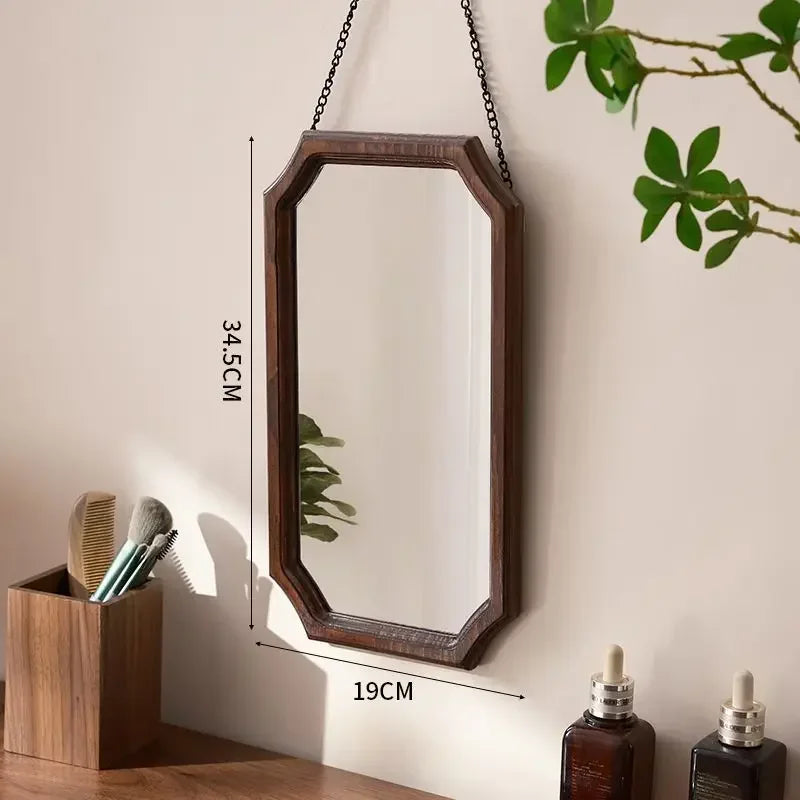 Retro Solid Wood Dressing Mirror Makeup Mirror Wall-mounted Bathroom Toilet Wall-mounted Punch-free Rectangular Bathroom Mirror