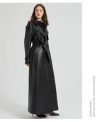 Lautaro Spring Autumn Extra Long Brown Pu Leather Trench Coat for Women Sashes Luxury Chic Overcoat Runway European Fashion 2024
