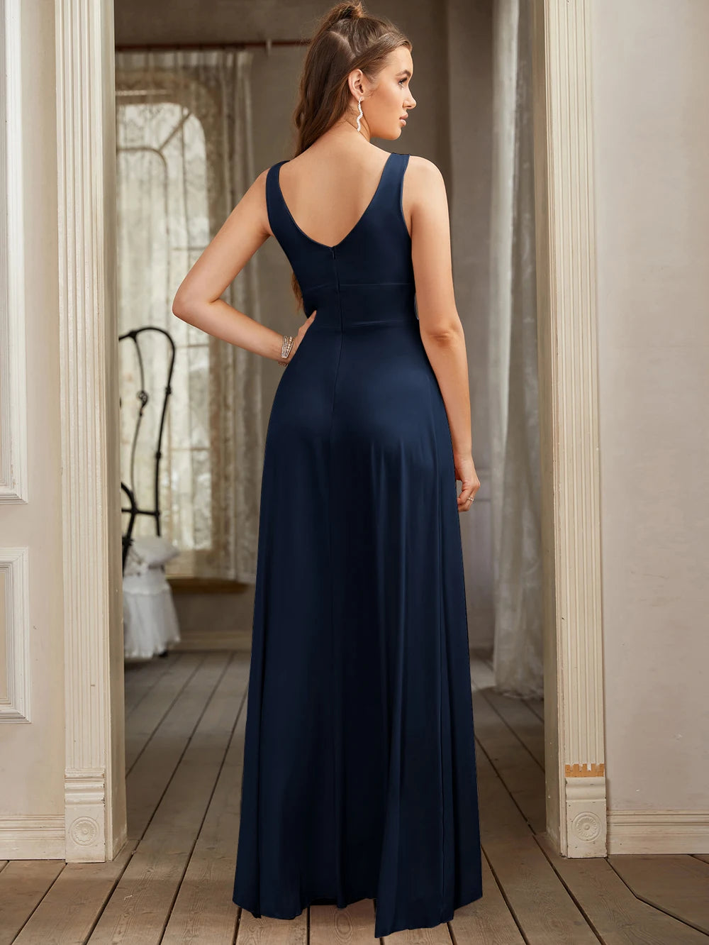 Women Evening Dresses 202 Sister Group Sexy Split V Neck Backless Sleeveless Formal Wedding Party Prom Gowns Bridesmaid Vestido