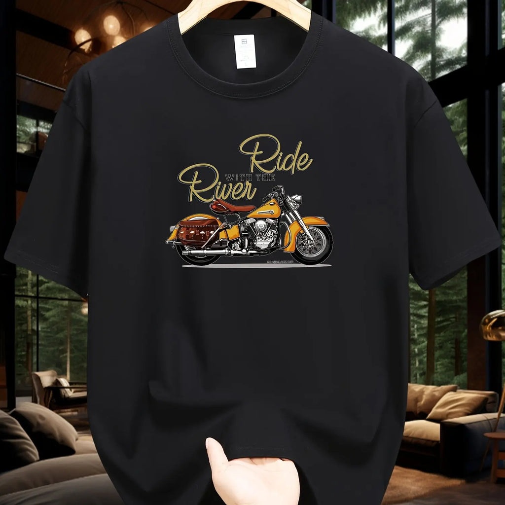 Men's Summer 100 Cotton Fashionable Casual Loose Large Size Classic Motorcycle Pattern Printed Round Neck Short Sleeve T-shirt