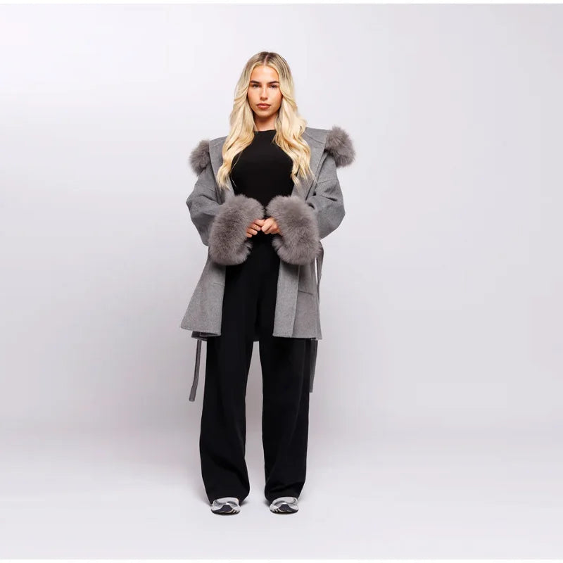 Fashion Hooded Women's Wollen Coat Fur Collar Lace Up Pocket Solid Warm Lady Coats 2025 Autumn Winter Elegant Female Streetwear