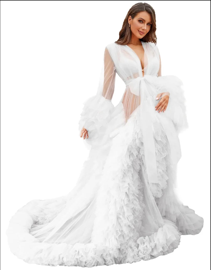 Women's Dressing Gown Perspective Sheer Long Tulle Robe Puffy Pregnancy Maternity Dress for Baby Shower Nightgown Sleepwear Secondary image
