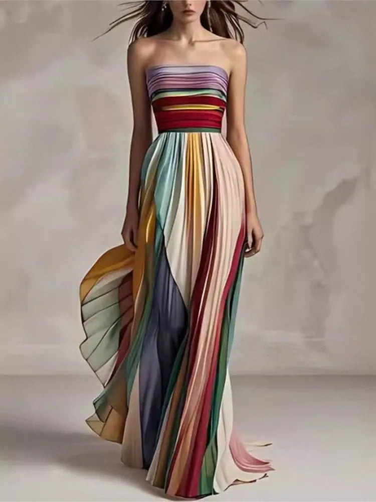 Women's Summer Printing Patchwork Maxi Dress Sleeveless Fashion Holiday Party Dresses Elegant Strapless Ladies Dress Vestidos Main image