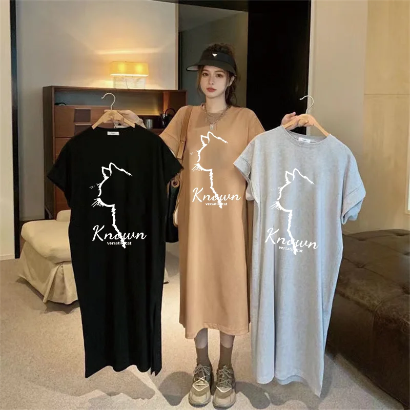 Summer New Loose Dress Women Casual Fashion Cartoon Simple Cat Print Round Neck Short-sleeved Dress Main image