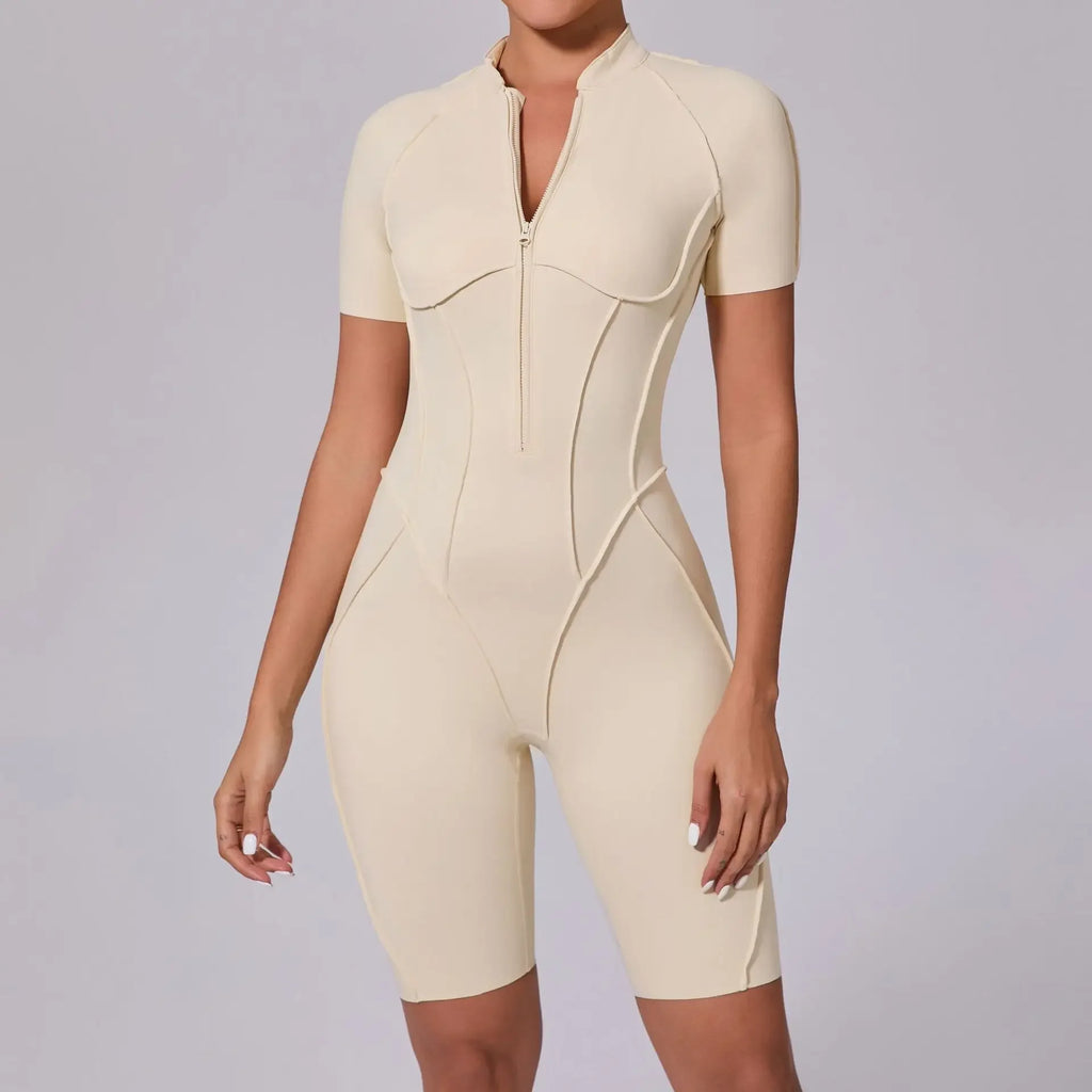 Seamless Yoga Jumpsuits Sports Fitness Zipper Hip-lifting Short-sleeved Backless Dance Workout Gym Shorts Bodysuits for Women
