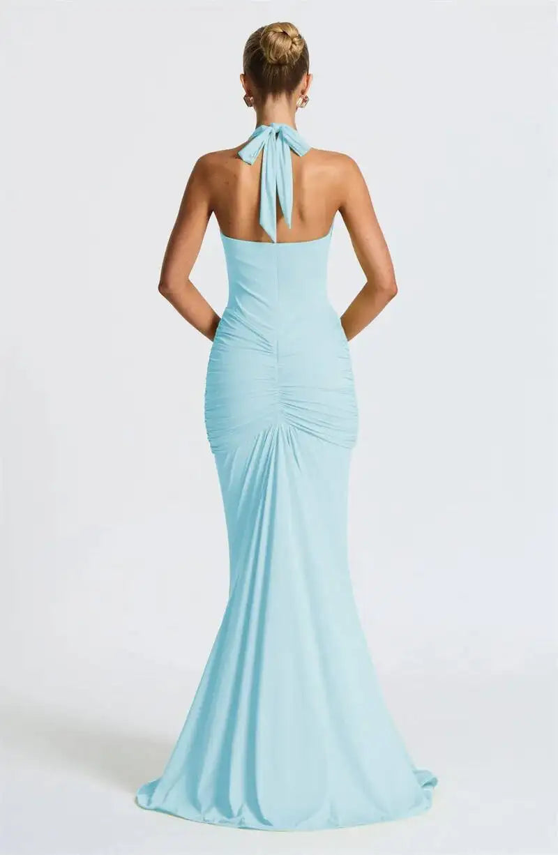 Deep V Neck Draped Ruched Sexy Maxi Dress Women Summer Fashion Halter Sleeveless Backless Club Party Long Dress Elegant BM98