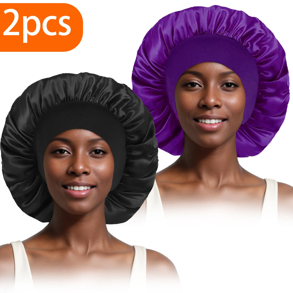 2pcs Women's Fashion Bonnet Large Wide Edge Elastic Hat Casual Silk Smooth Tint Suitable for Curled Straight Hair Sleeping Hat