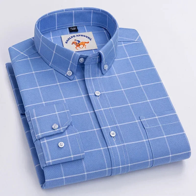 Casual Pure Cotton Oxford Mens Shirts Long Sleeve Embroidery Horse Design Regular Fit Fashion Button Man White Dress Shirt
