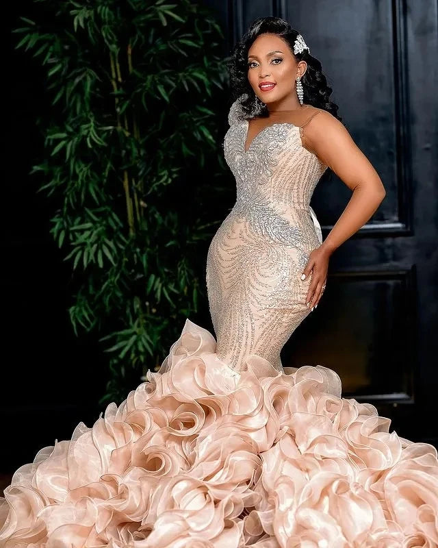 Champagne African Wedding Dresses Mermaid Organza Ruffles Appliques Women Bridal Wedding Gowns For Black Girls Customized Secondary image