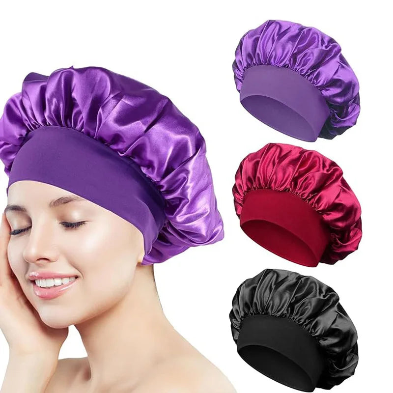 Women Satin Bonnet Hair Bonnet for Sleeping Hair Care Silk Bonnets Solid Wide-brimmed Sleeping Hat with Elastic Soft Band Main image