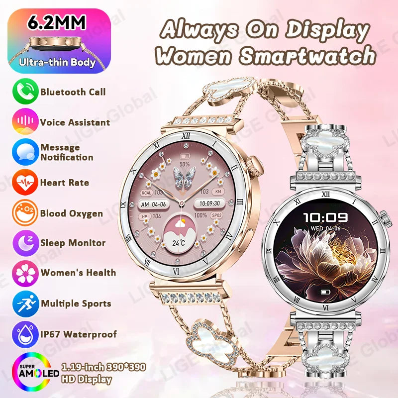 LIGE New Ultra Thin Smart Watch Women Screen Always Display Time Diamond Luxury Bracelet Voice Calling AMOLED Smartwatch Ladies Main image