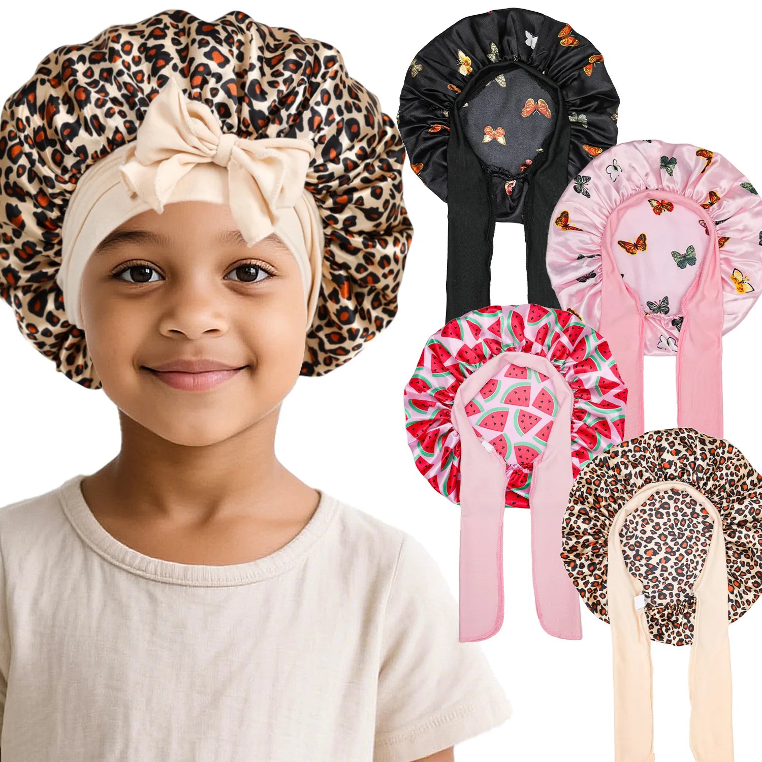 Kids Satin Bonnet Sleep Hat Wide Elastic Band Ribbon Sleeping Cap Boy Girls Flower Printed Silk Shower Cap Main image