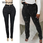 Fashion Skinny Stretch Jeans for Women Luxury Diamonds Hole Pencil Pants High Waist Washed Streetwear Y2k Streetwear Trousers