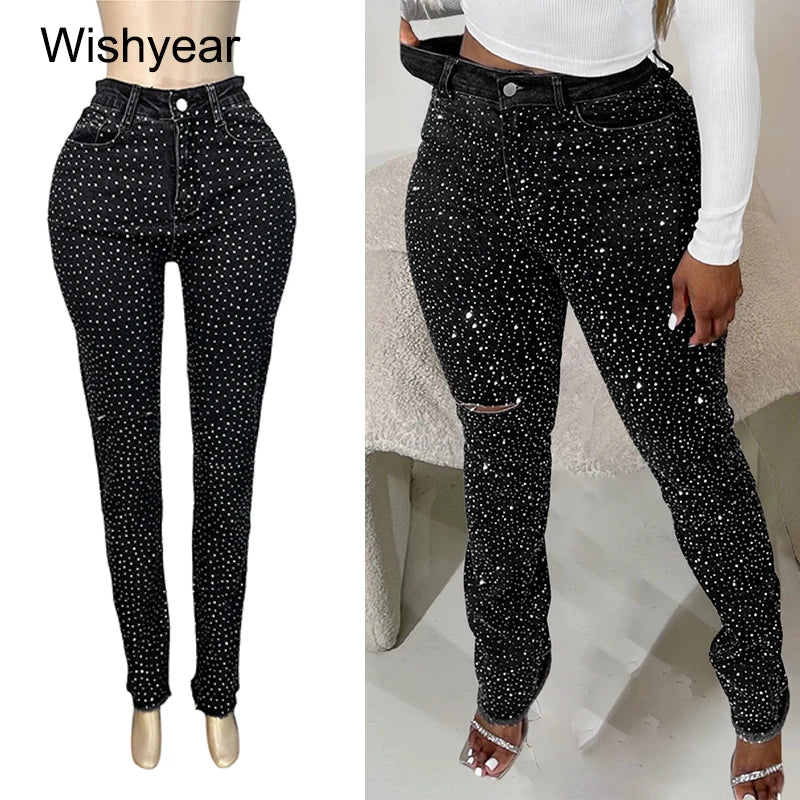 Fashion Skinny Stretch Jeans for Women Luxury Diamonds Hole Pencil Pants High Waist Washed Streetwear Y2k Streetwear Trousers Main image