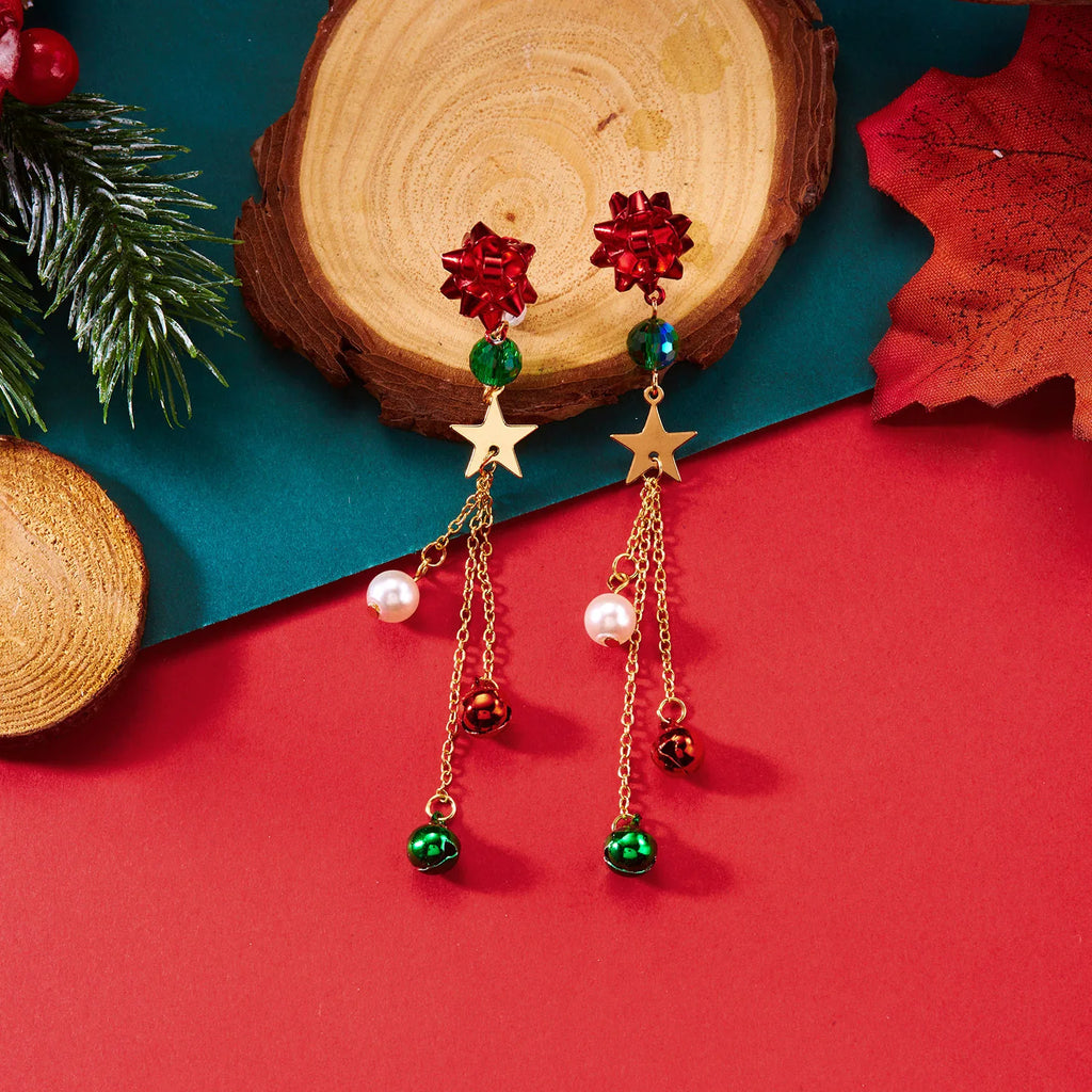 Merry Christmas Pearl Flower Star Bell Long Tassel Dangle Earrings for Women Shiny Crystal Zircon Snowflake Earring Girl Jewelry