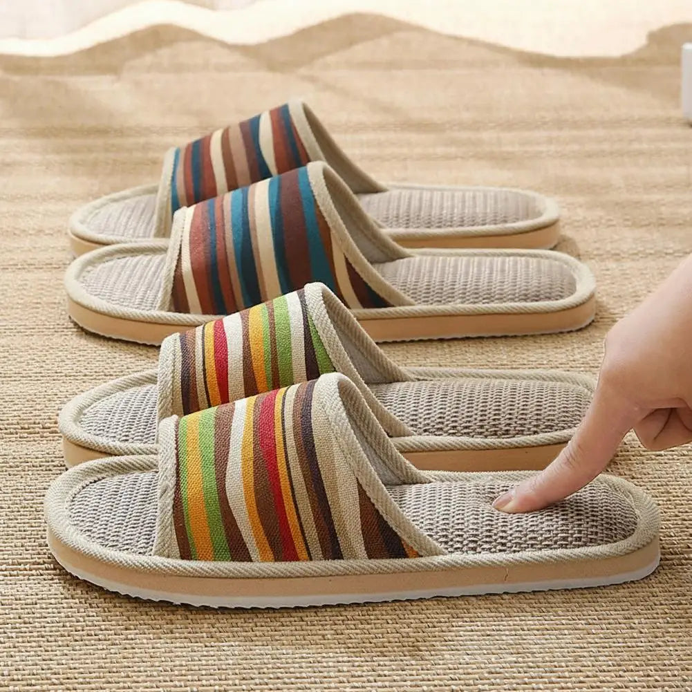 Striped Linen Open Toe Slippers Breathable Indoor House Slippers Anti Slip EVA Sole Lightweight Casual Home Slides For Men Women