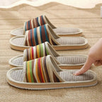 Striped Linen Open Toe Slippers Breathable Indoor House Slippers Anti Slip EVA Sole Lightweight Casual Home Slides For Men Women