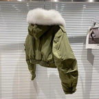 Big Fox Fur Collar Removable Rabbit Liner Short Coat Jacket for Women Winter Elastic Hem Hooded Jackets Wram Fashion Outwear