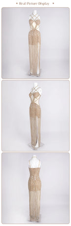 Sexy Gold Sequin Evening Dresses for Women – Luxury Crystal Beaded Prom Dress with High Slit Formal Party Mermaid Gown for Gala