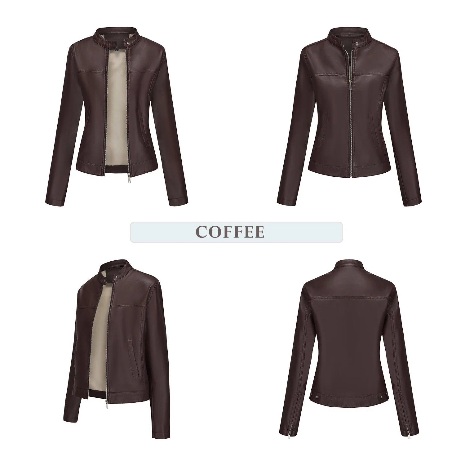 Black Women's Fitted Leather Jacket with Front Zipper & Side Pockets‌, Available in Brown, Navy Blue, and Beige.