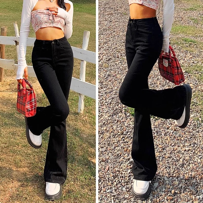 High Waist Flare Jeans - Elastic Bell Bottom Denim Pants
