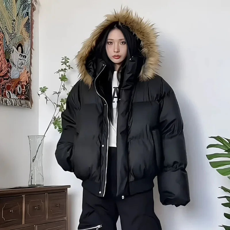 2024 American New Fashion Solid Color Fur Collar Hooded Cotton-padded Jacket Women Y2K Harajuku Gothic Hip-hop Pop Jacket Coat
