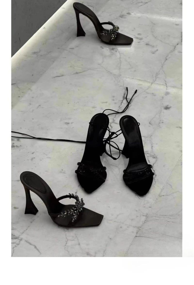 2026 NEW High Quality Luxury Heels Women's Sandals Designer Shoes Rhinestone Square Toe Open Toe Slides Женская Обувь